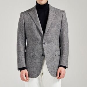 Vintage Men’s Blazer Herringbone Tweed gray Black Wool blend Single Breast 40R